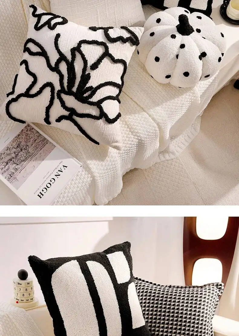 Luxuriöser französischer Stil Schwarz-Weiß Dekokissenbezug Chenille Boho Weiche Moderne Kissenhüllen für Sofa- und Bettdekoration – Detail 9
