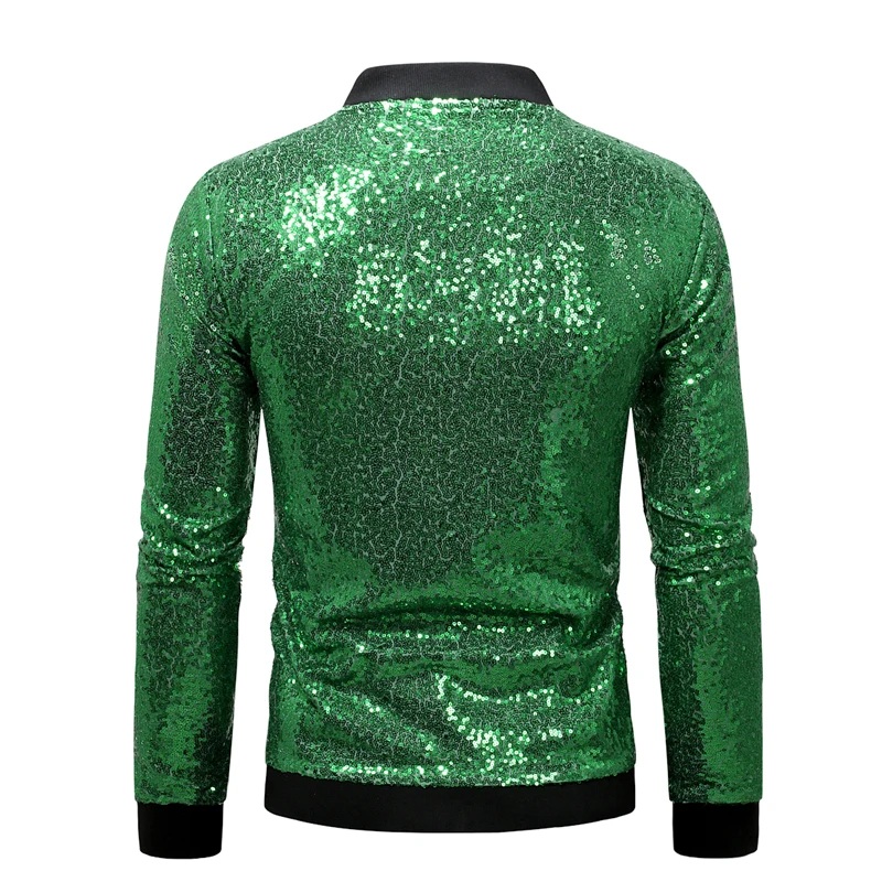 Mens Shiny Green Sequin Sparkle Baseball Jackets Zip Up 70's Disco Party Jackets Coats Men Stage Prom Costume Jaquetas Masculina