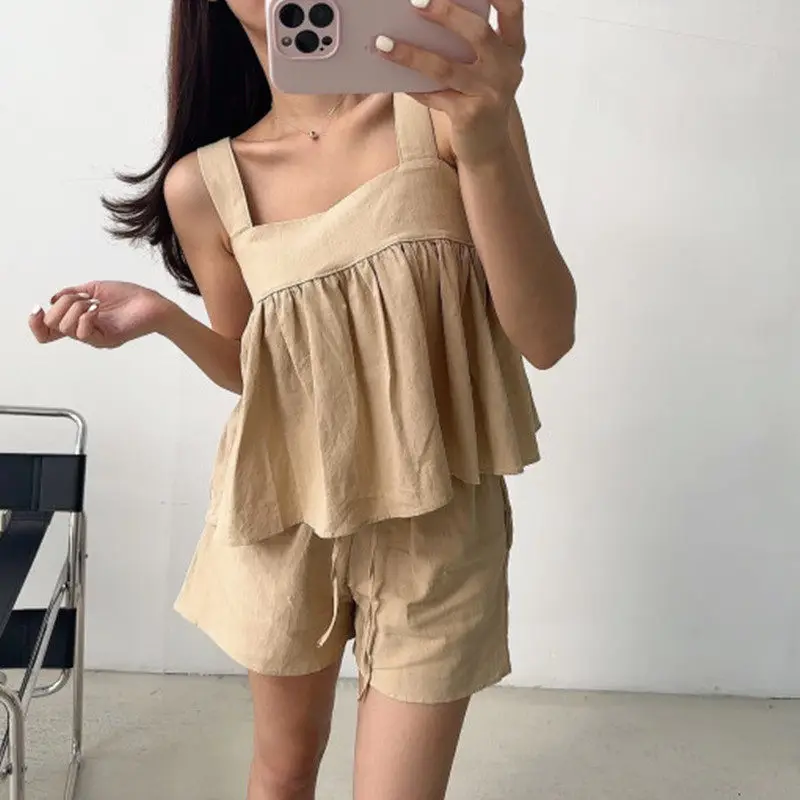 

Dongdaemun Summer 2026 Women's Casual Wide Leg Short Pants Set Square Collar Overalls Doll Suit High Waist Breathable Light W...