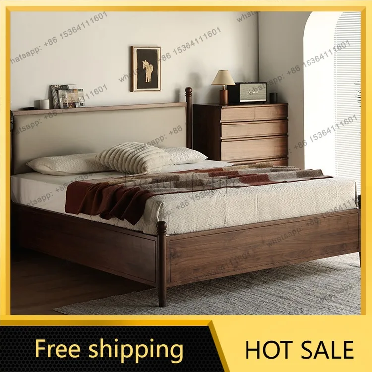Factory Direct Sales Vintage Black Walnut Modern Simple Japanese All Solid Wood High Box Storage Double Bed