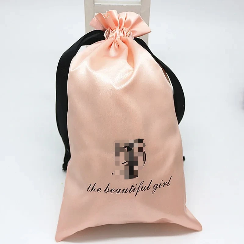 20PCS Baby Pink Silk Satin Pouch Hair Extensions/Wigs/Goods/Makeup Packaging Drawstring Bag Custom Print Logo Gift Bag
