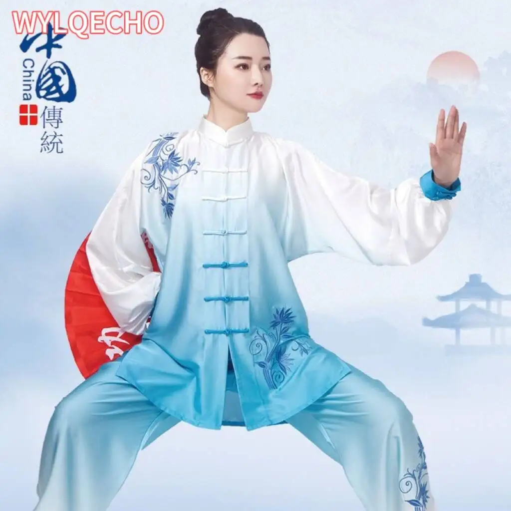 

2024 chinese tai chi wushu uniform satin flower embroidered kung fu suit taijiquan martial arts wingchun morning practice suit