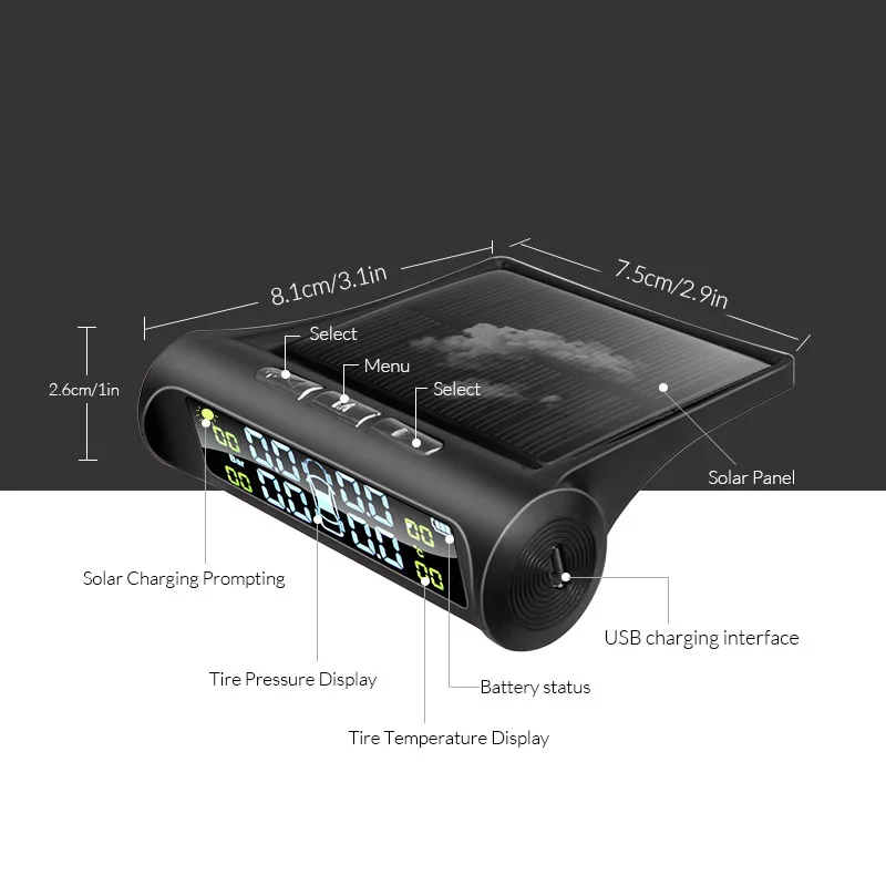 Solar Powered Automotive TPMS Tire Pressure Monitoring System HD LCD Display Wireless External Tire Sensors Auto Alarms for Car