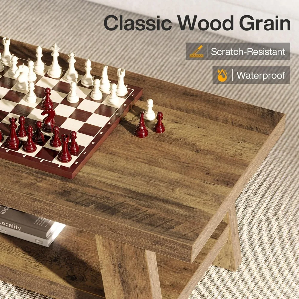 طاولة قهوة المزرعة، غرفة المعيشة 47.24 طاولات قهوة ريفية مستطيلة، طاولة مركزية خشبية مع رف تخزين #4