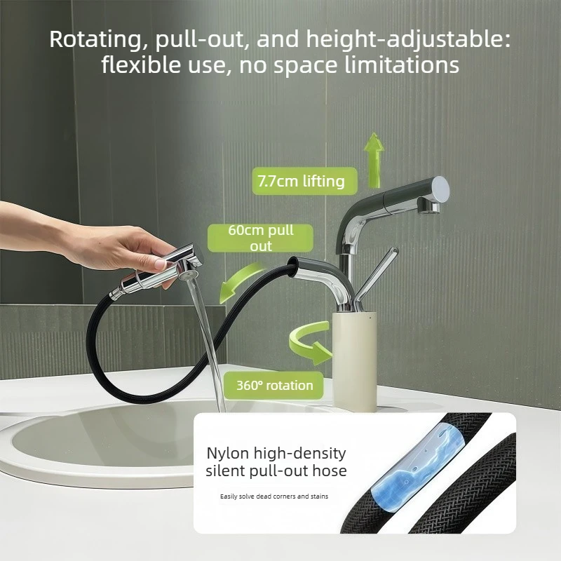 Milky White Pull-Out Lift Basin Faucet Rotating Hot and Cold Water Bathroom Cabinet Washbasin Faucet for Home Use