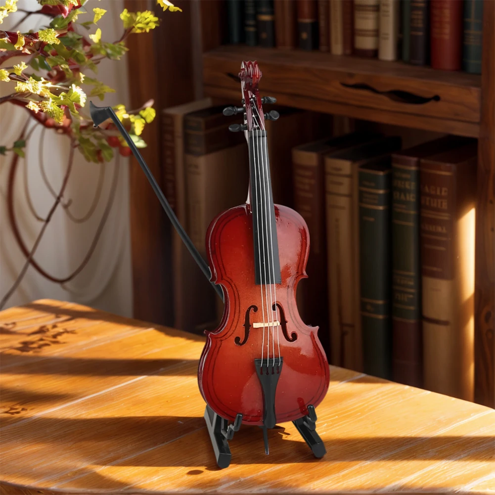 Wooden Miniature Cello W/ Stand & Bow Mini Musical Instrument Decoration Miniature Wood Violin for Music Lovers Craft Collector