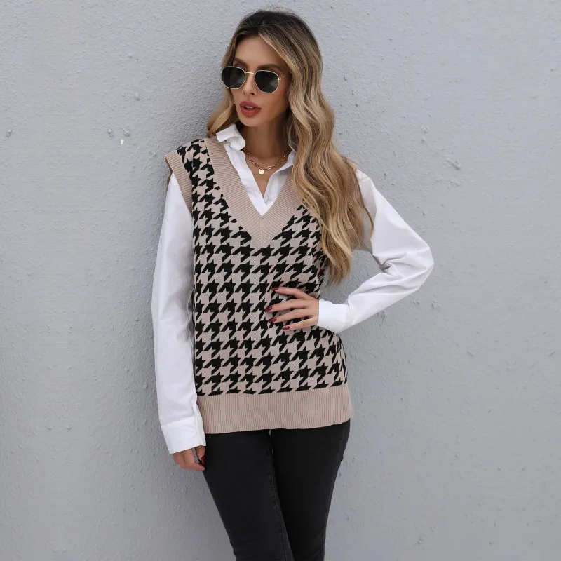 Autumn Winter  Women's Loose Knitted V-Ne Vest Cross-Border Cheered Pattern Layering Faionable Casualwear