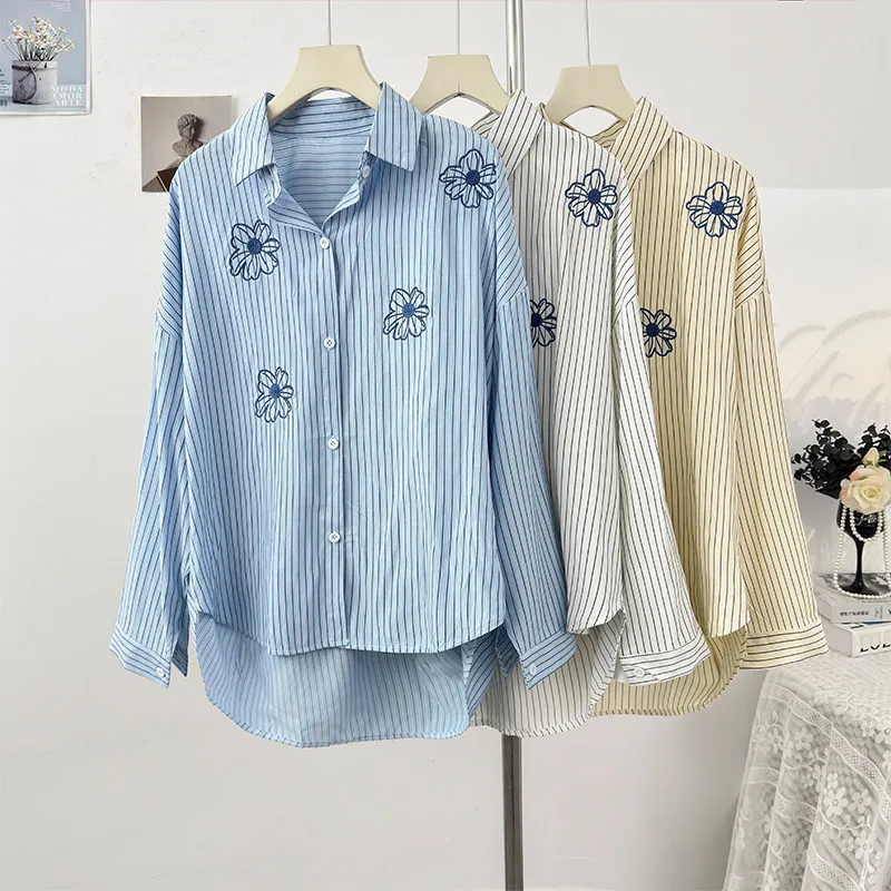 

Fashion Women's Striped Shirt Design Sense Embroidered Floral Long Sleeve Top Spring 2026 New Single-breasted Thin Coats