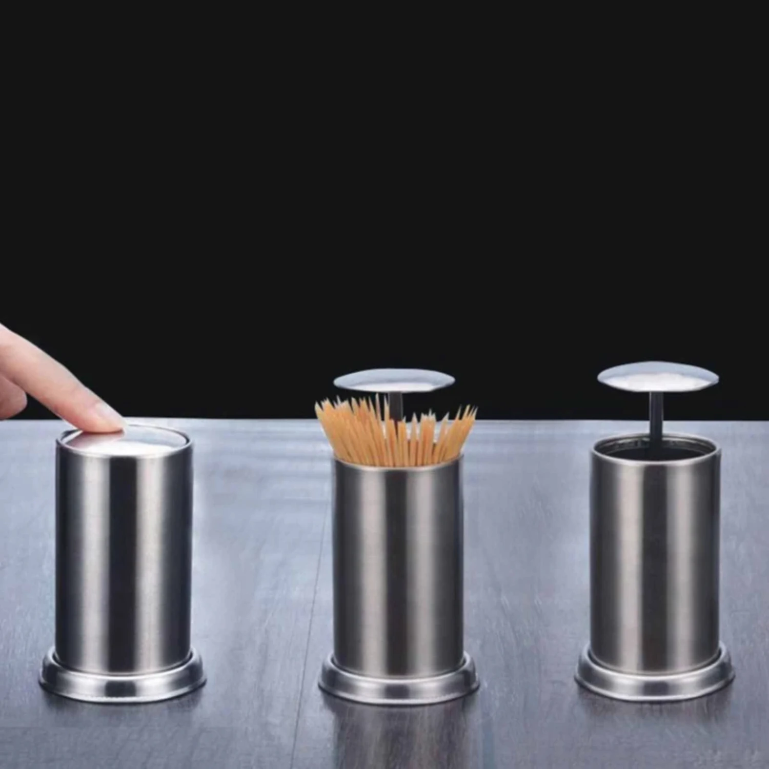 Creative Stainless Steel Press Type Toothpick Holder Box Stand with Automatic Spring Cover Organizer Container