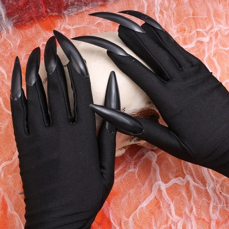 Black Halloween Cosplay Gloves Spandex Ghost Claw Long Nail Gloves Simple Elastic Comfortable Long Gloves Fashion Accessories