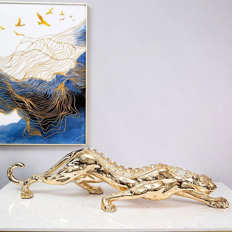 Animal Leopard Statue Ornaments, Golden Leopard Sculpture, Luxury Artworks Desktop Decoration, Creative Crafts Decor, Customized
