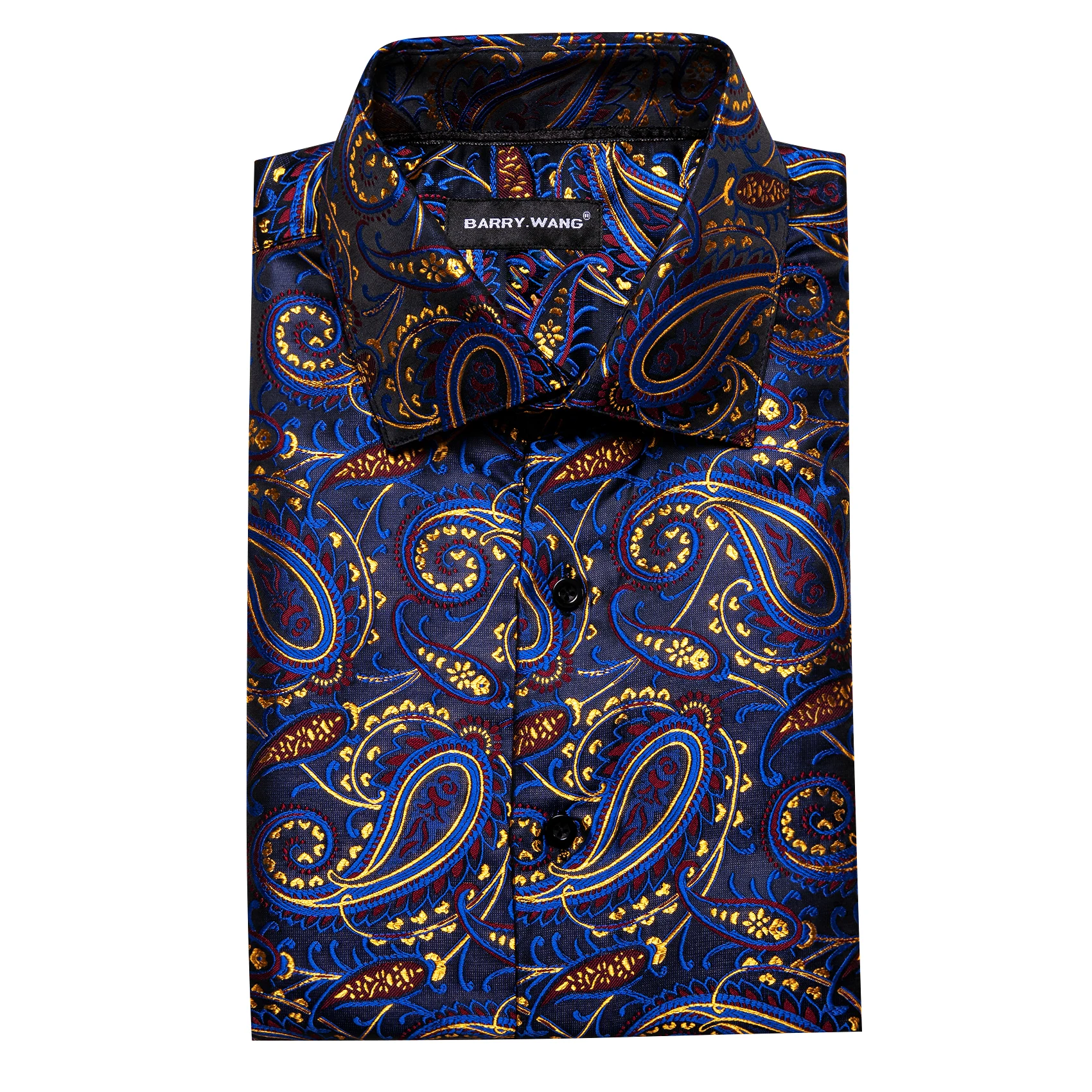 Luxury Silk Mens Shirts Long Sleeve Silk Blue Gold Red Paisley Spring Autumn Slim Fit Male Blouses Casual Lapel Tops Barry Wang