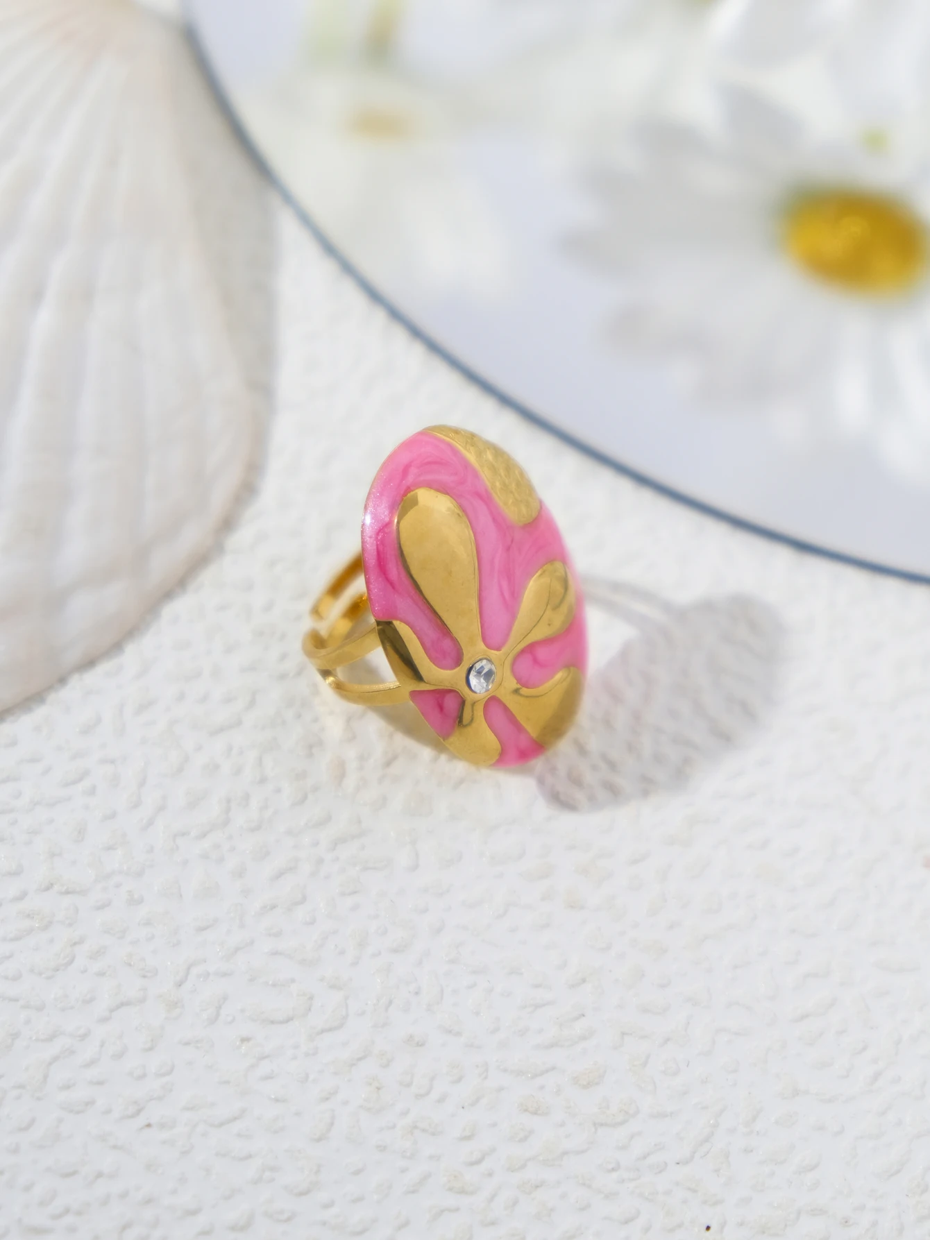 May@RZ delicate and stylish retro stainless steel oval flower pink enamel zircon ring, suitable for daily commuting, holiday