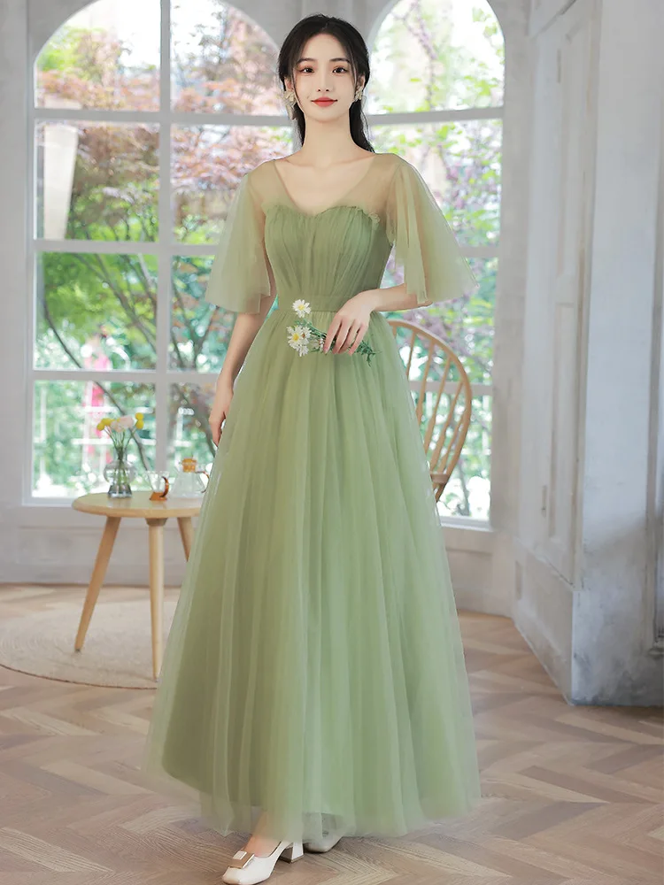 4 Styles Green Bridesmaid Dresses Simple Tulle Off-shoulder Sisters Party Prom Gown Lace Up Wedding Party Ankle-Length Vestidos