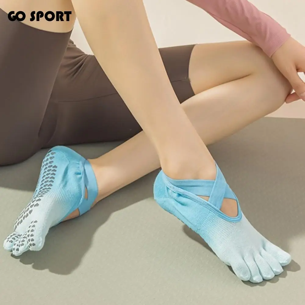 

1 пара противоскользящих носков для йоги с пятью пальцами, хлопковые профессиональные носки для йоги с перекрестными ремешками и пятью пальцами