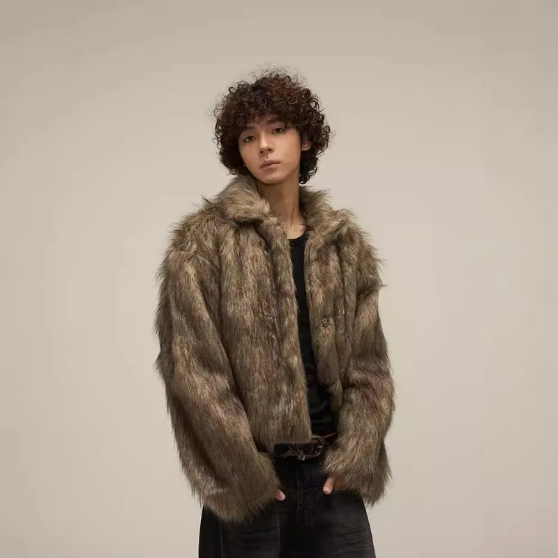 KIDWHXR Winter Faux Fur Coat Men Streetwear Loose Long Sleeve Man Short Jacket Windproof Turn Down Collar Male Outerwear