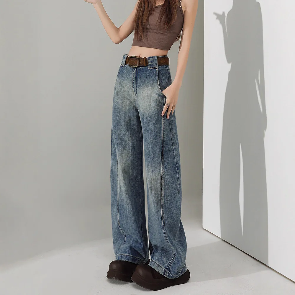 American Retro Light-Colored Wide-Leg Jeans Women, New Spring Style, High-, Loose-Fitting, Slimming, Straight-Leg,