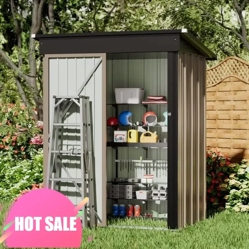 Bonito cobertizo de almacenamiento para exteriores, cobertizos exteriores pequeños de 5x3 pies, gabinete de almacenamiento para exteriores impermeable y cerradura para patio trasero, césped (marrón)