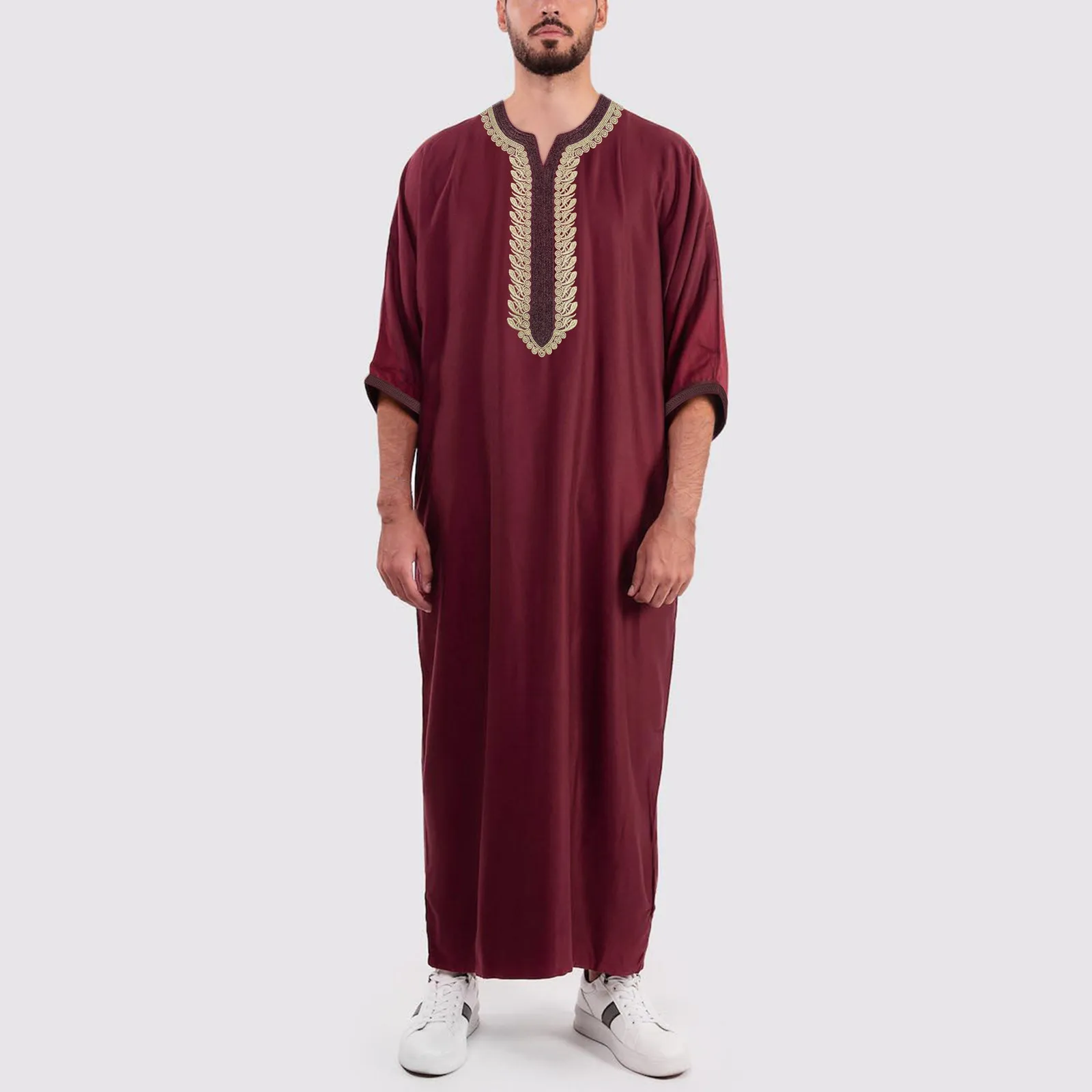 Muslim Men Robe Embroidered Loose Luxury Long Skirt Ramadan Prayer Kaftan Pakistan Attire Thobe Gentleman Traditional Dress