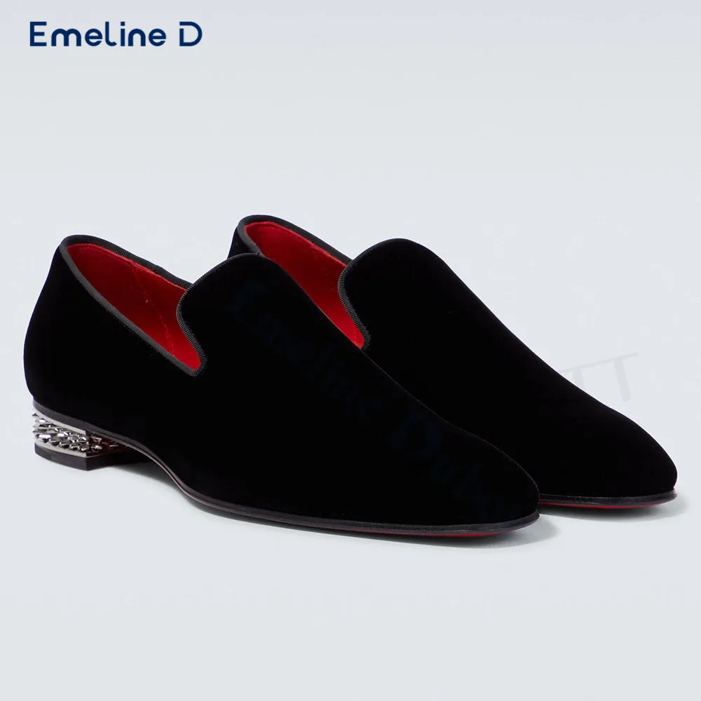 

Black Suede Solid Color Loafers High Quality Business Studded Thick Heel Casual Shoes Personality Trend Gentleman Men's Shoes