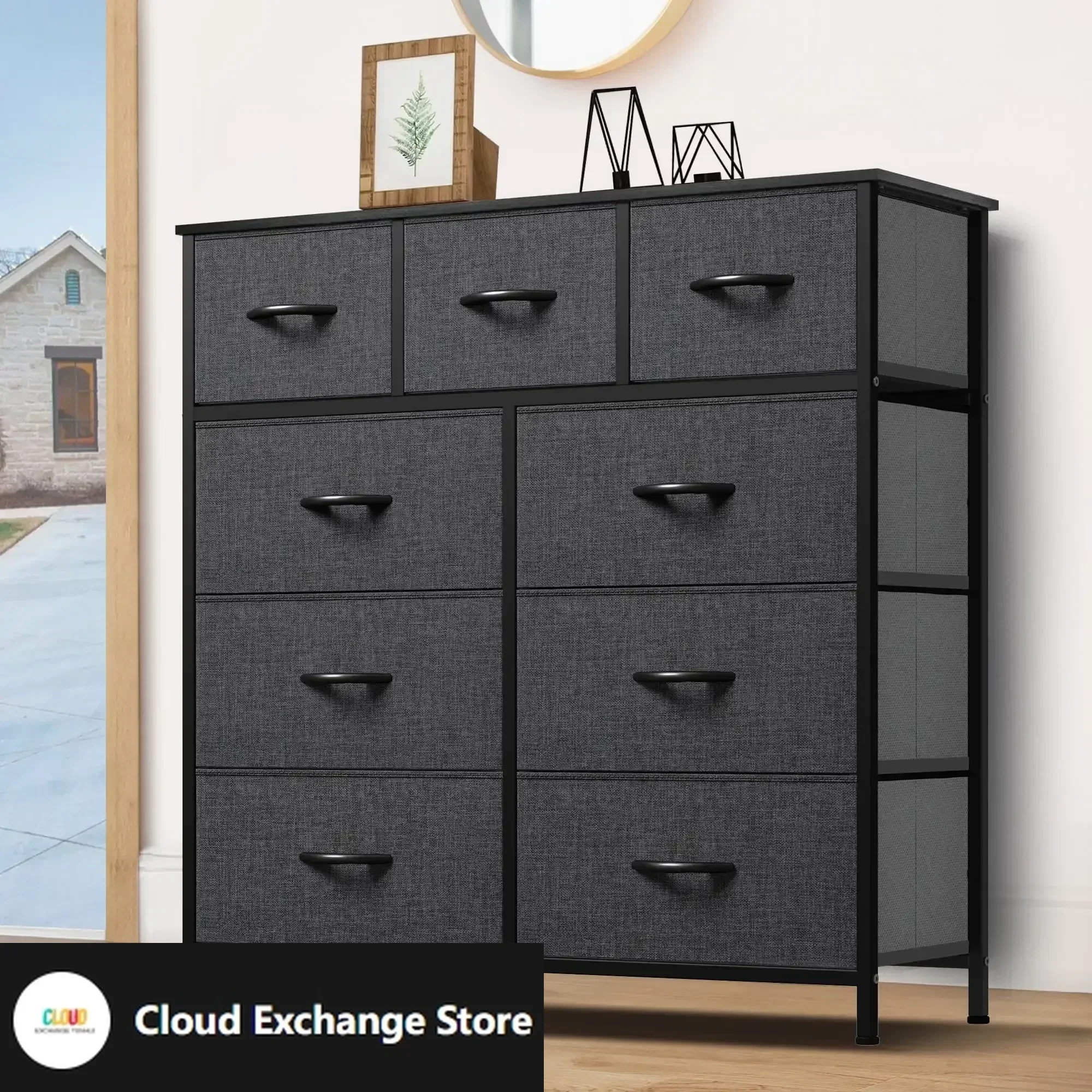 

Storage Dresser Furniture Fabric Storage Tower with 9 Drawers Fabric Storage Dresser, Black Gray