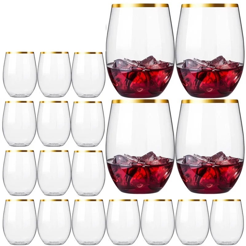 Disposable Stemless Wine Glasses, Plastic Wine Cups, Whiskey Cocktail Glasses, Clear Drinking Glasses for PartyT99C