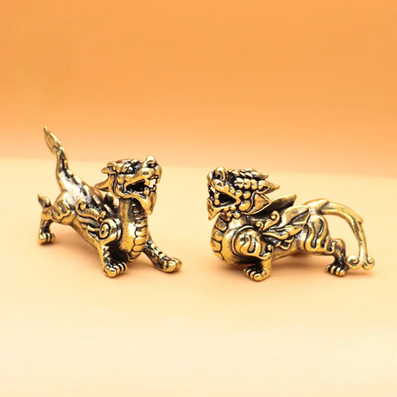 Mini Vintage Brass Dragon Statue Figurines Solid Fengshui Qilin Dragon Tortoise Wealth Prosperity Home Decoration Ornament