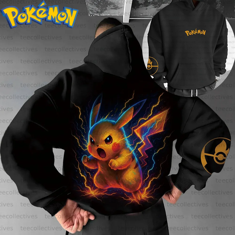 Pokemon anime pikachu algodão hoodie cor preta personagem impressão com aura elétrica efeito relâmpago padrão casual streetwear