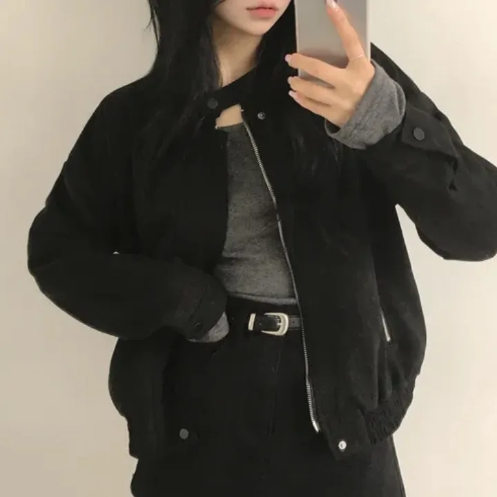 Veste en cuir pour femme Ele ort, design chic anti-âge, style vintage, col montant, en velours de peau de cerf