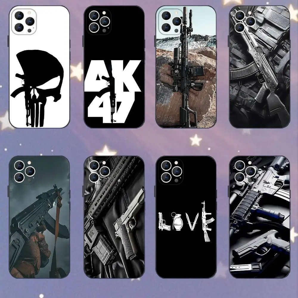 

AK47 Handgun Gun BUllets Phone Case For iPhone 17,16,15,14,13,12,Pro,Max,Plus,E,SE4,Air,Mini Black Soft Box
