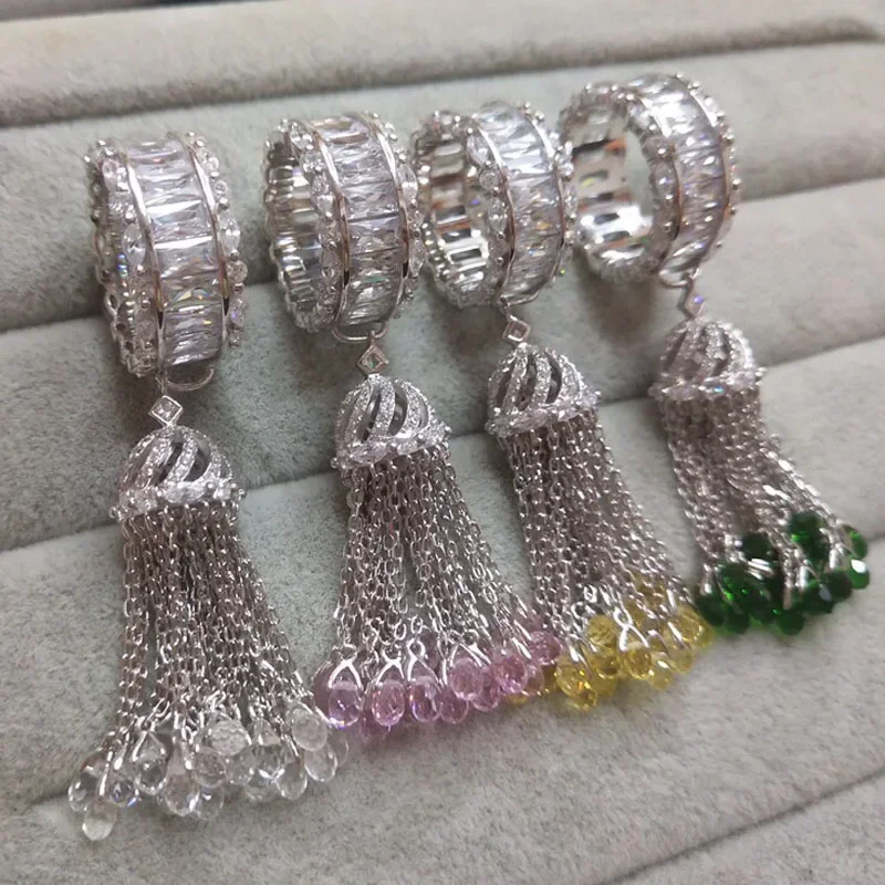 Luxury Brand Pure 925 Sterling Silver White Pink Yellow Green Tassel Crystal Stones Finger Ring Women Girl Fine Jewelry