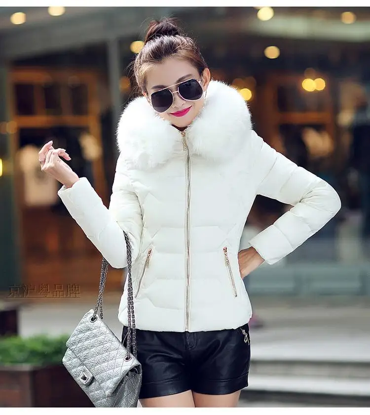Women Short Parkas Coat Hooded Jacket Oversize Solid Big Fur Collar Long Sleeve Zipper Slim Thick Office Lady Casual 2025 Winter