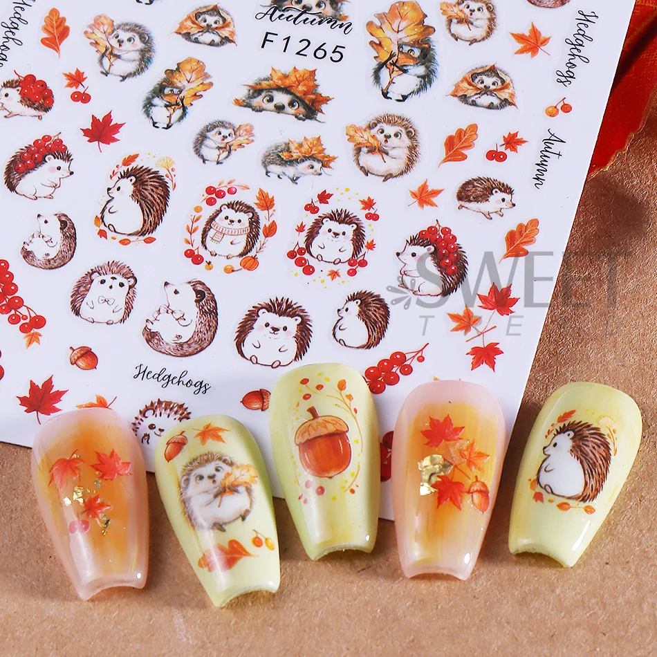 5 Stück Herbst-Nagelsticker, 3D, selbstklebend, Ahornblatt, Eichhörnchen, Fuchs, Igel, Kaffeetasse, Nageldekor, Thanksgiving-Maniküre-Dekoration – Detail 9
