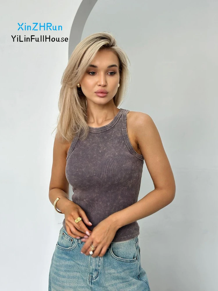 2024 Summer New Women Fashion Sexy Round Neck Four Seasons Simple Solid Color Versatile Sports and Casual Rowan Bottom Tank Top