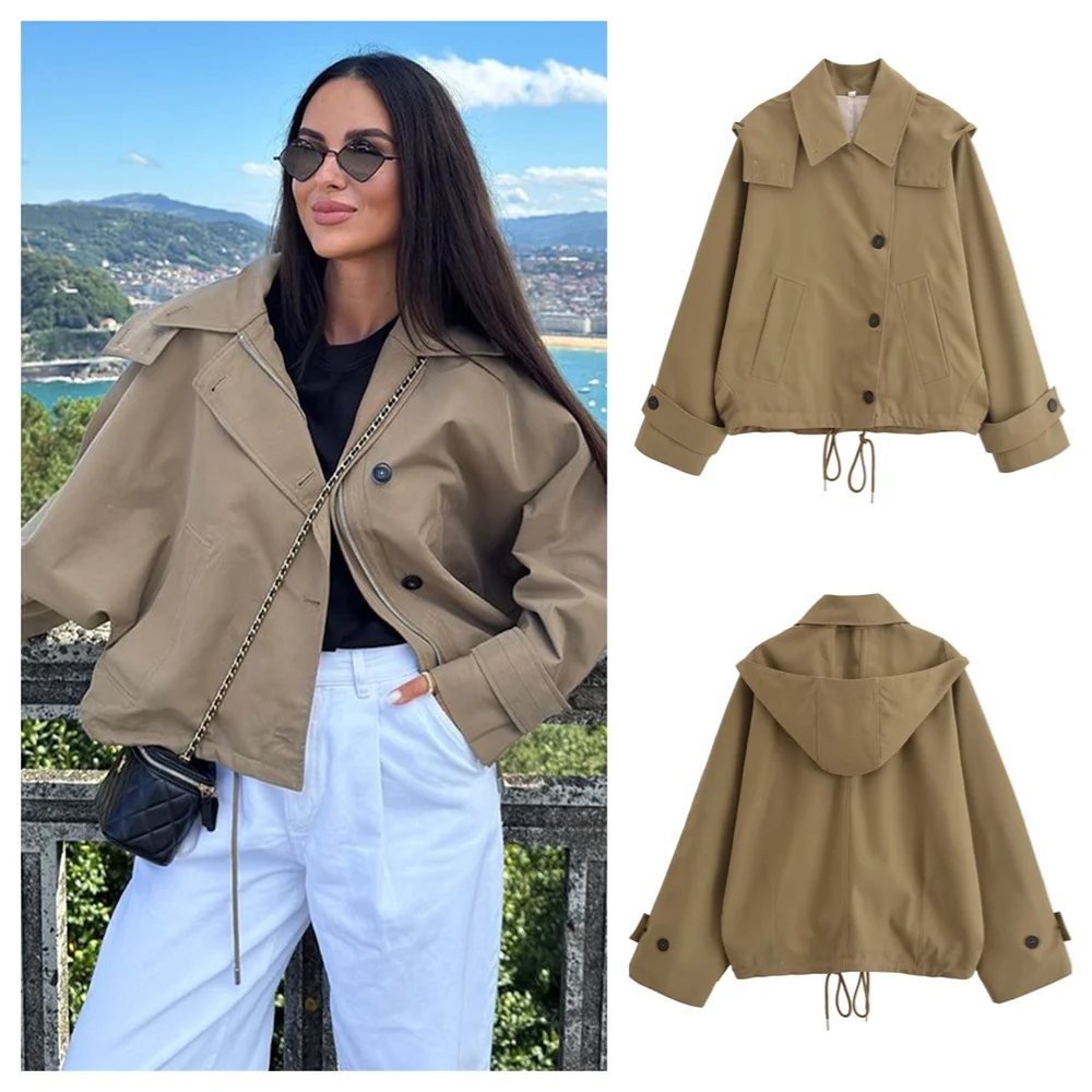 PB&ZA2024 autumn new women's clothing temperament commuting loose and simple hooded long sleeved short jacket