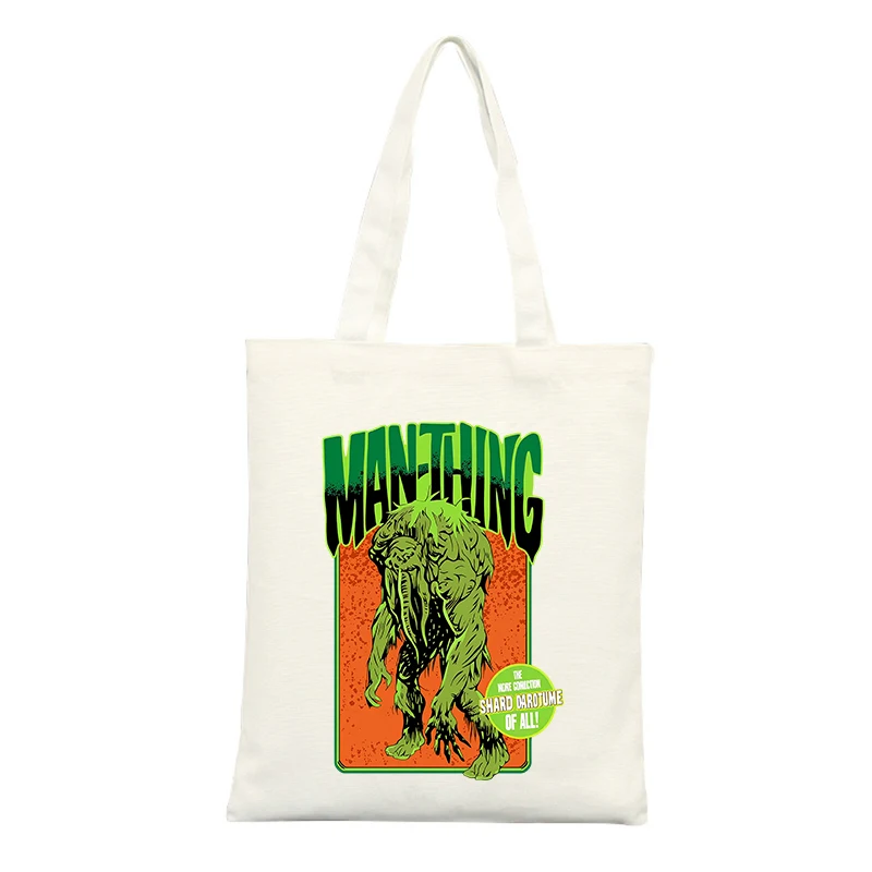 Fantasy Creature Print Canvas Tote Bag with Typography, Retro Graphic Style for Casual Shopping and Daily Use