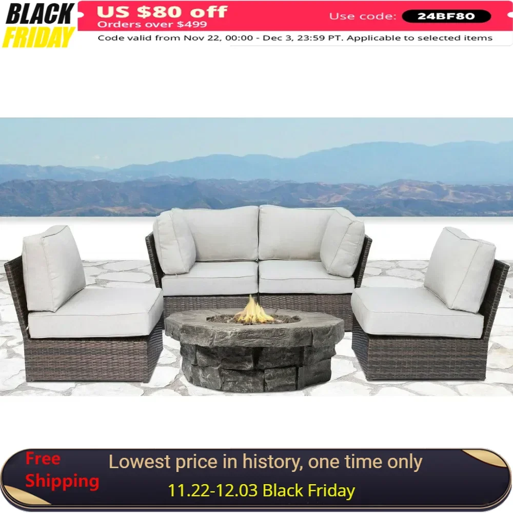 5 PieceFire Pit Set collection Wicker Patio Resort Grade Furniture Sofa Set, With Fireseat, Cup Table and Back Cushions