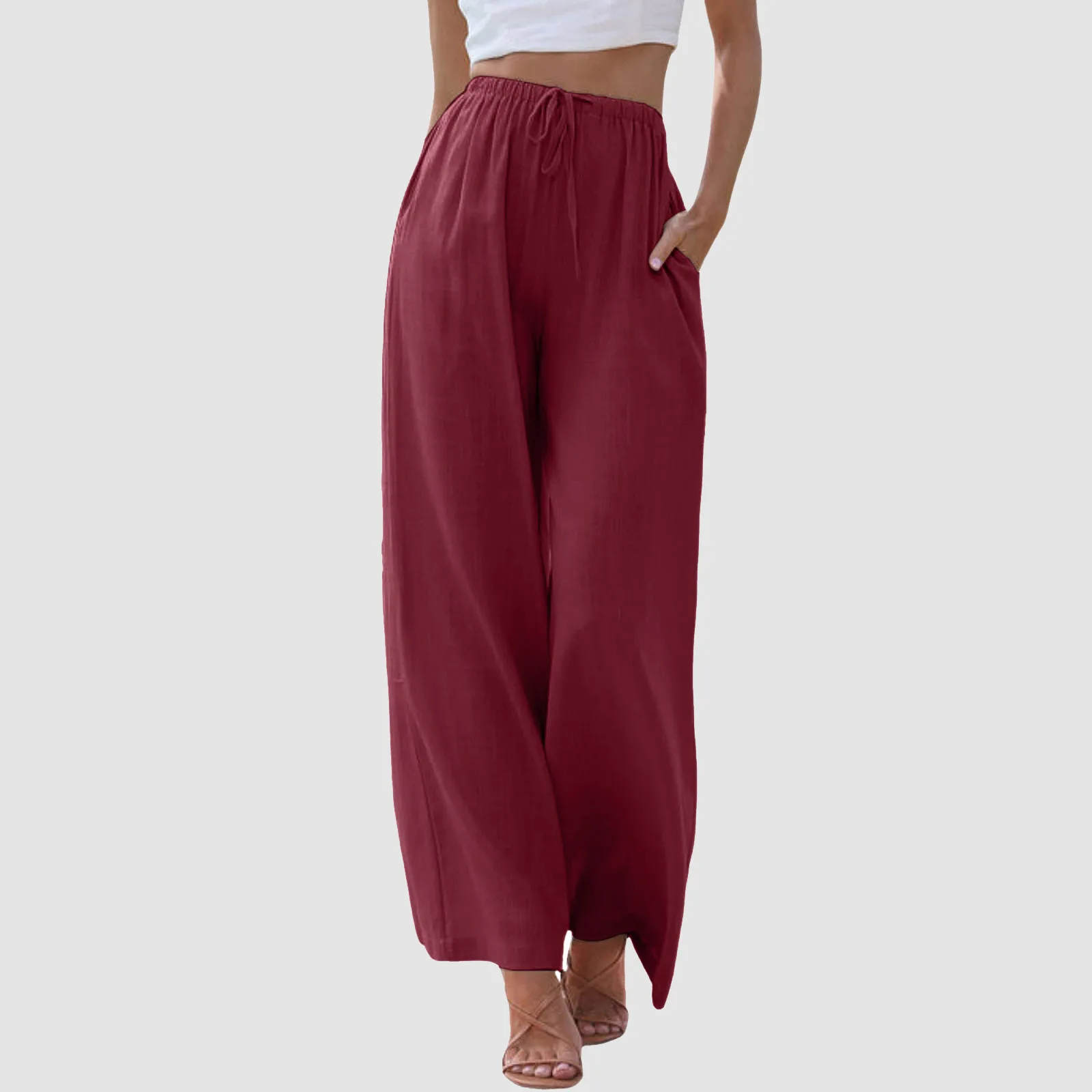 Women High Waisted Wide Leg Pants Fashion Drawstring Elastic Trousers Comfy Straight Leg Long Pants With Pockets Track Women