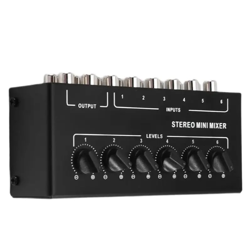 AA60-ستيريو 6 قناة خلاط سلبي RCA جهاز مزج الصوت المحمول 6 في 2 خارج موزع ستيريو التحكم في مستوى الصوت لا يتطلب بطارية