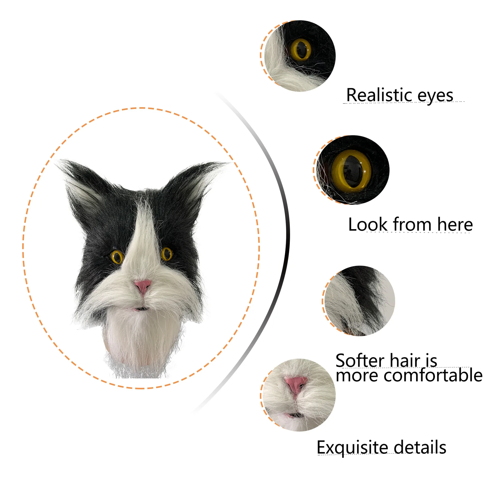 Realistische Flauschige Katzenmaske, Schwarz-Weiße Pelzige Tier-Vollkopfmaske, Latex-Katzenkopfmaske für Halloween, Cosplay und Maskenpartys – Detail 4