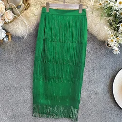 Green Patchwork Tassel Women Skirt High Waisted Bodycon Midi Robes Plus Size Elastic Skirts Africa Ladies Slim Skirts