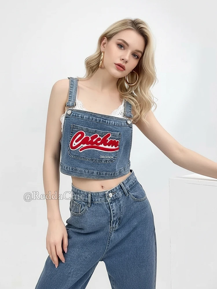 REDDACHiC Summer Layering Tank Top Denim Flocked Letters Bib Pocket Cropped Sleeveless Vest Skater Sport Women Hiphop Streetwear