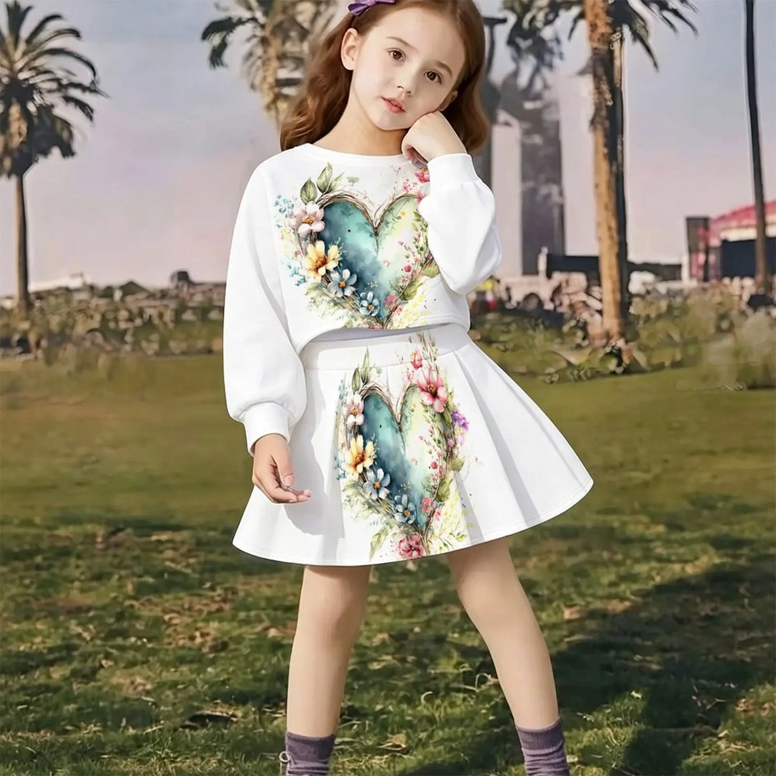Lovely Kawaii Fairy Style Girls Outfit Long Sleeve Print Top A-line Skirt  Soft Breathable  For Wedding Flower Girl Party