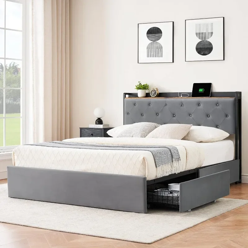 

4 Storage Drawers,Grey Queen Upholstered Bed Frame,Storage Headboard No Box Spring Needed Noise-Free