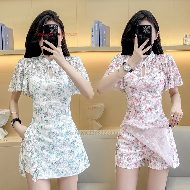 

2025 китайское улучшенное платье Cheongsam для банкета и ночного клуба, национальное кружевное платье Ципао с цветочным принтом + комплект шорт, рабочее платье для спа-салона в отеле