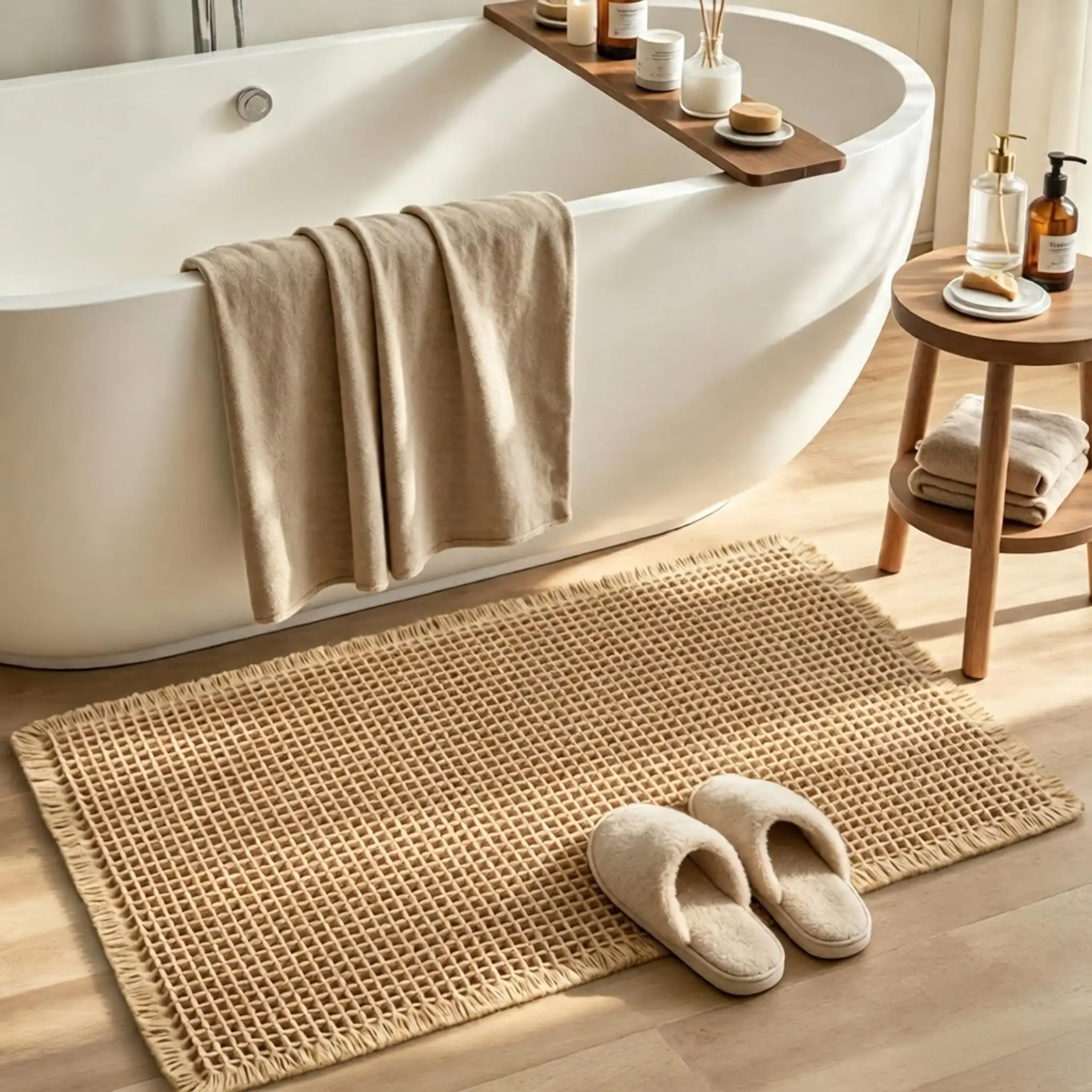 Upgraded Waffle Bath Mat Super Absorbent Non Slip Rugs for Bathroom Floor Machine Washable with Tassels Rubber Backed Ultra Soft