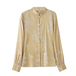 Satin Chinese Style Women's Shirt Spring/Summer Print Clothing Sales Loose Long Sleeves Korean Tops O-neck Vintage Women Blouses