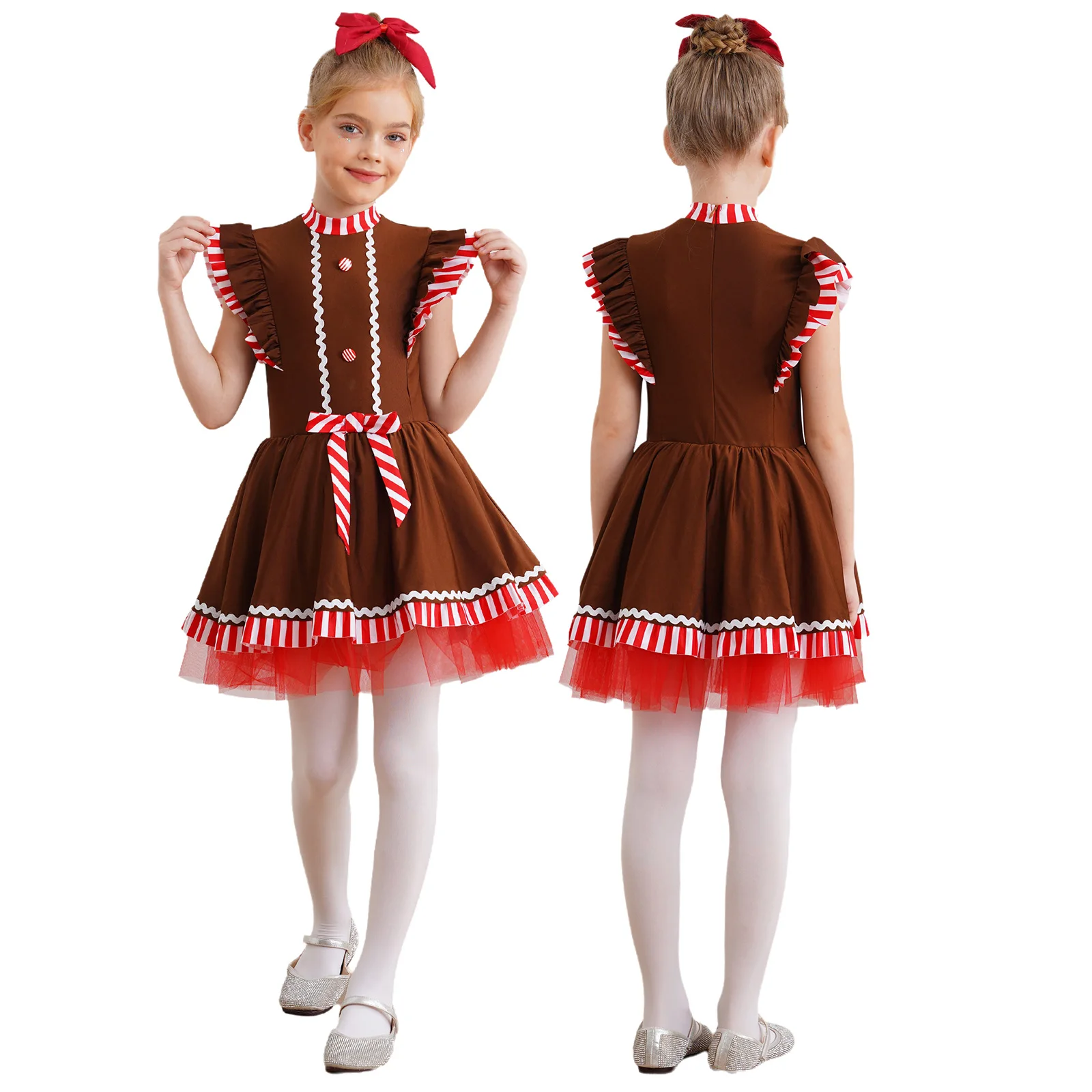 Girls Christmas Gingerbread Man Costume Halloween Xmas Striped Bowknot Mesh Tutu Dance Dress Ballet Leotard Skating Dancewear