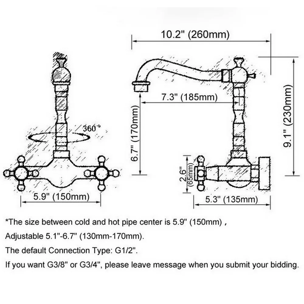 Antike Messing Wand 2 Kreuz griffe drehbarer Auslauf Küche Waschbecken Waschbecken Wasserhahn Mischbatterie anf052