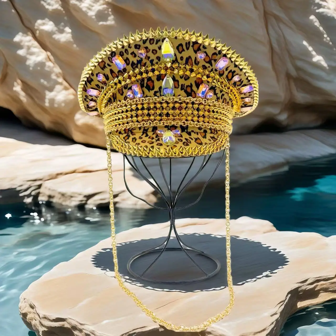 HongLuan Yellow Laser Leather Loop Captain Hat Rhinestone & Military Caps for Woman, Rave Festivals Accessories ＆ Party Cap Man